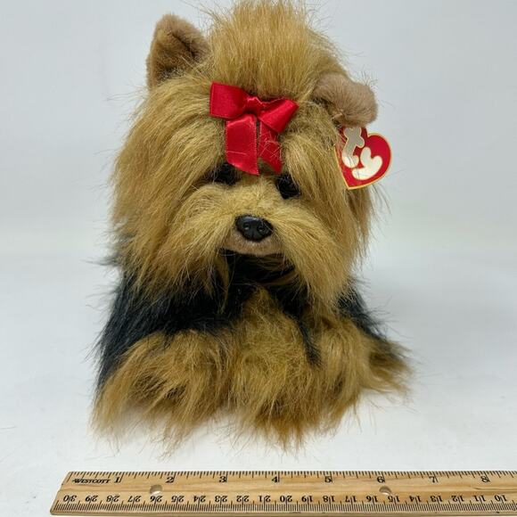 Vintage Ty Yorkie Dog Plush Collectible Yappy Sitting With Bow NOS 1990s - Picture 7 of 14